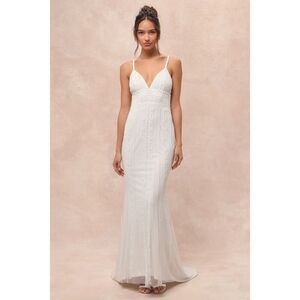 Lulus Stunning Vow White Beaded Sequin Maxi Dress Size L NWT